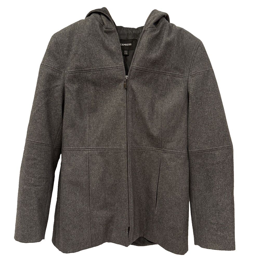 EUC Express Womens Wool Blend Gray Hooded Pea Coat Full Zip‎ Size 9/10